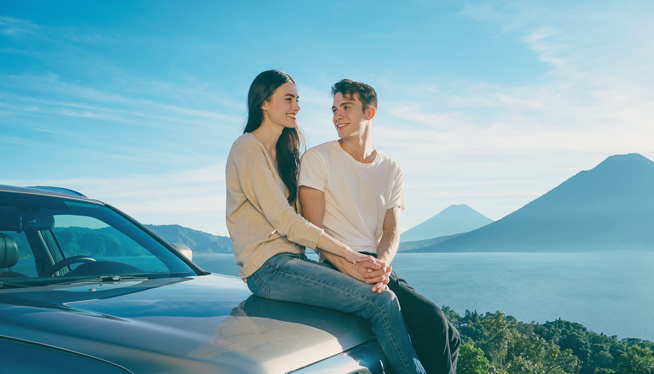 Una joven pareja en el lago Atitlán junto a su vehículo. El vehículo tiene un seguro de auto en Guatemala.